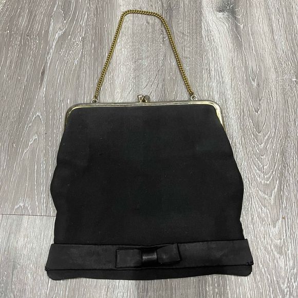 Vintage Black Evening Bag Bow Accent 7”w x 7.5”h x 1” d - Picture 1 of 9